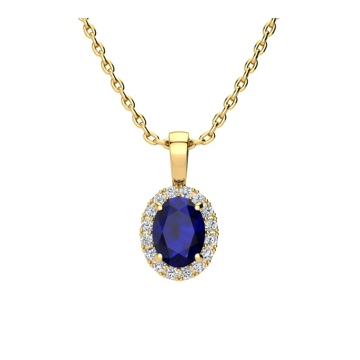 1 3/4 Carat Oval Shape Sapphire And Halo Diamond Necklace In 14 Karat Yellow Gold With 18 Inch Chain