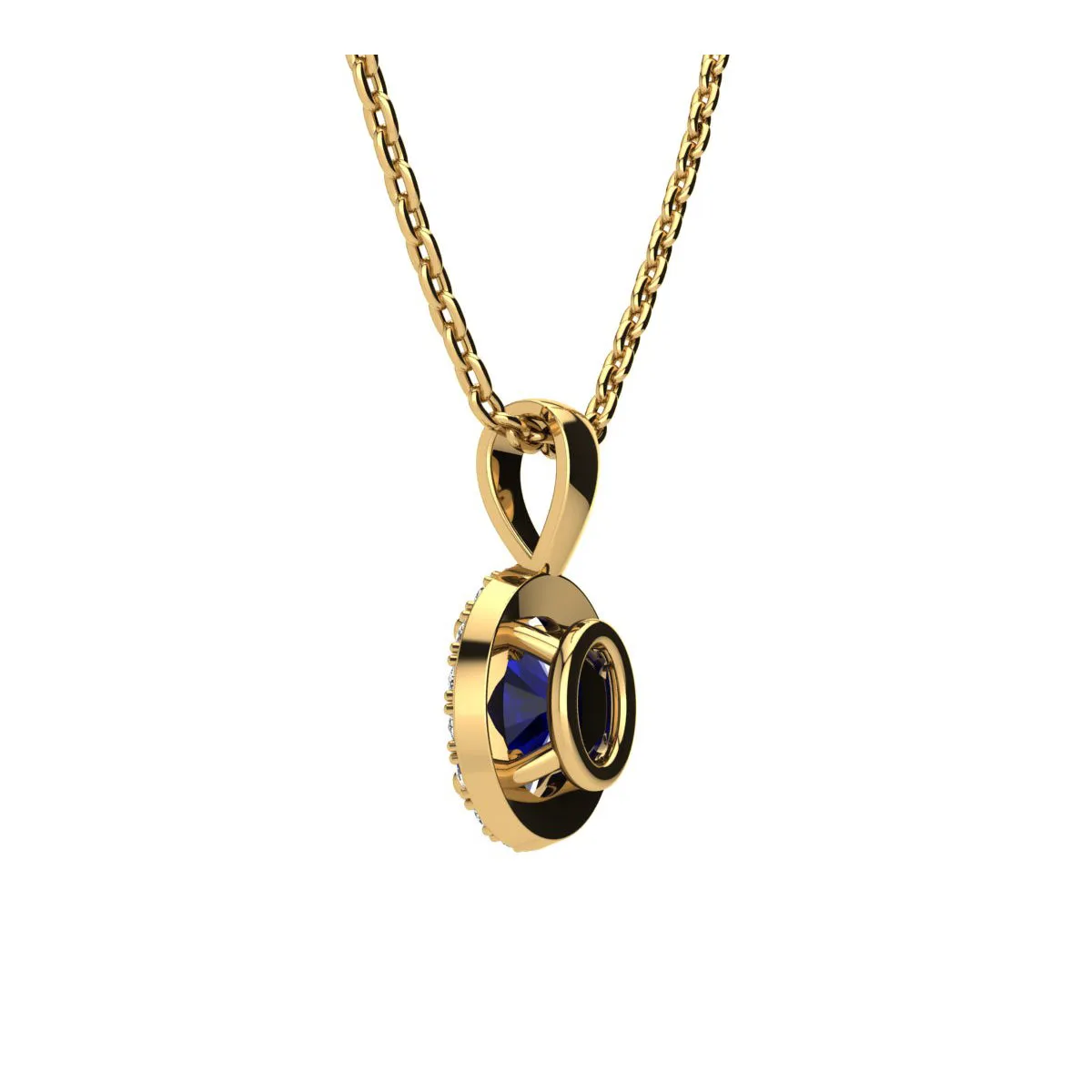 1 3/4 Carat Oval Shape Sapphire And Halo Diamond Necklace In 14 Karat Yellow Gold With 18 Inch Chain