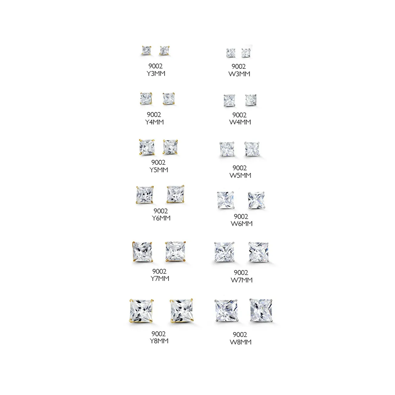 14k Gold Square Studs with CZ - Various Sizes