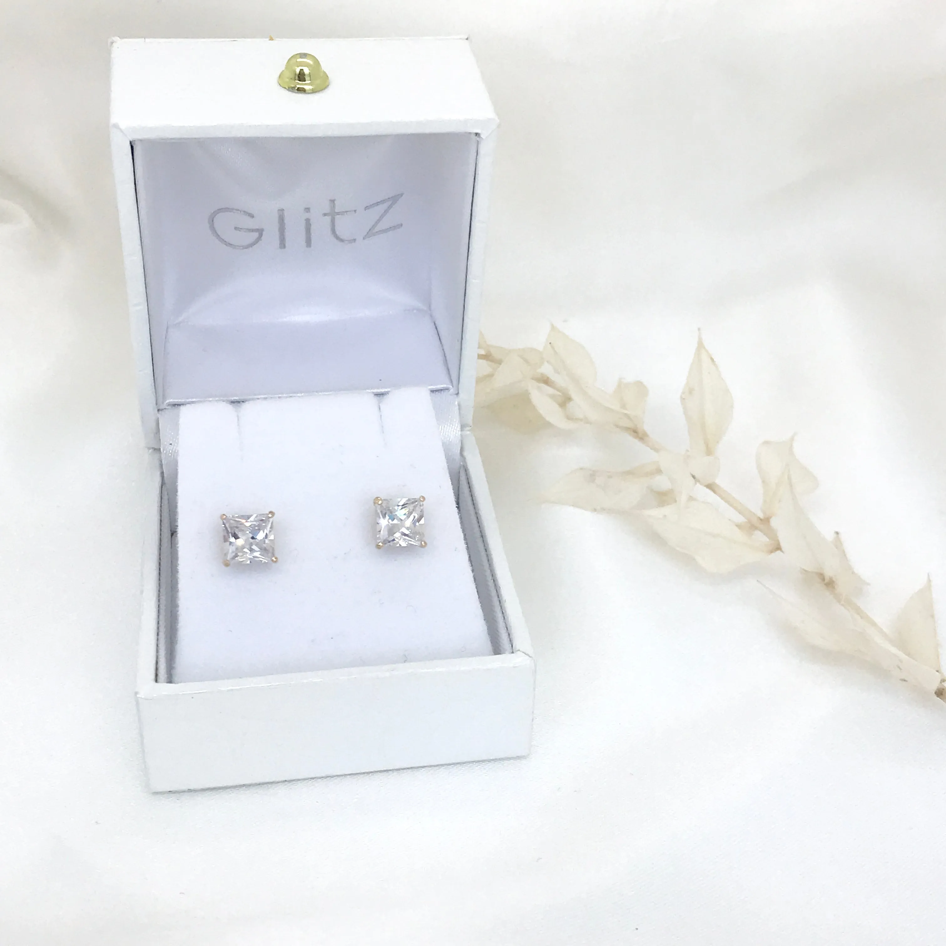 14k Gold Square Studs with CZ - Various Sizes