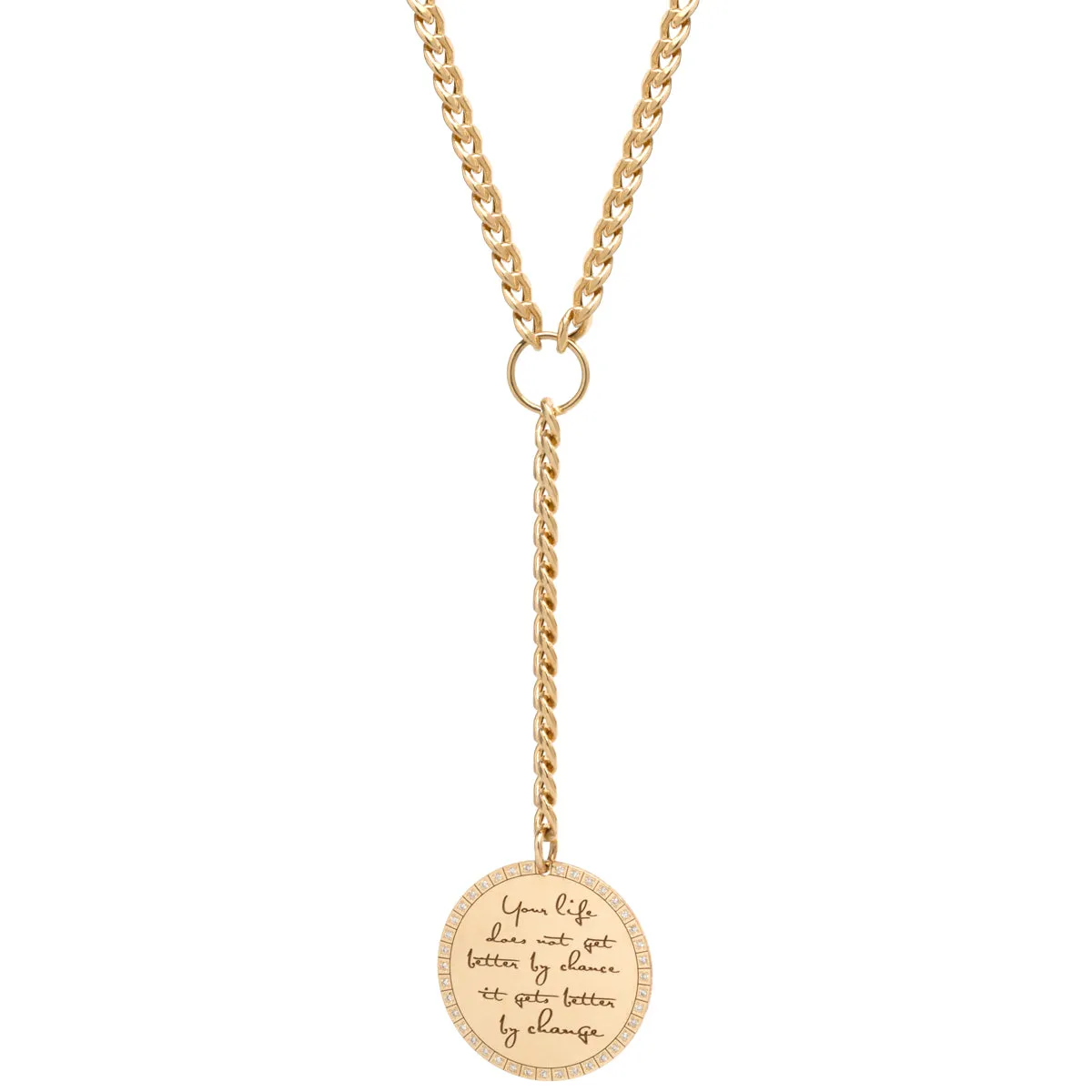 14k Large Mantra with Diamond Border Lariat Necklace on Medium Curb Chain