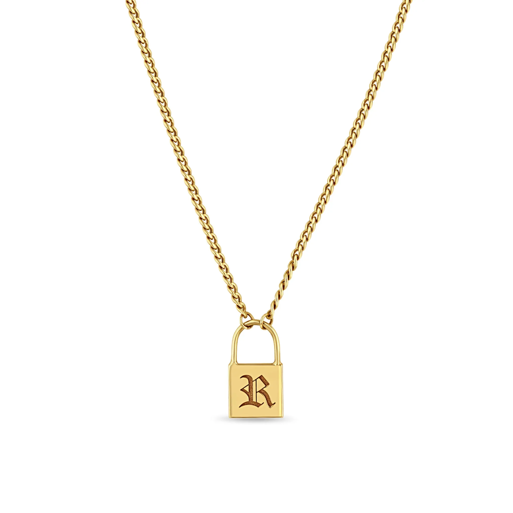 14k Old English Initial Small Padlock XS Curb Chain Necklace