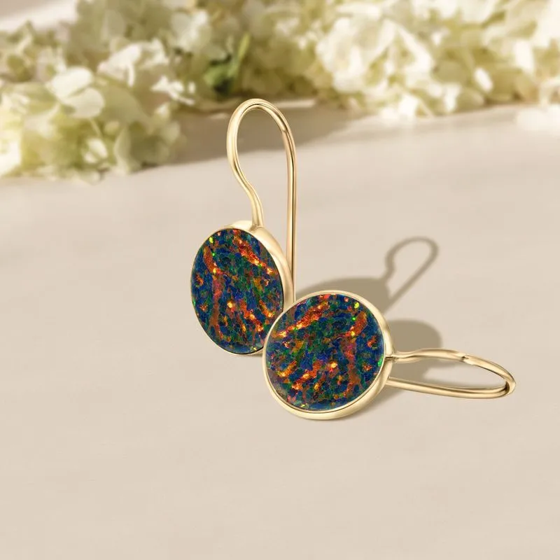 14K Yellow Gold Black Opal Dangle Earrings