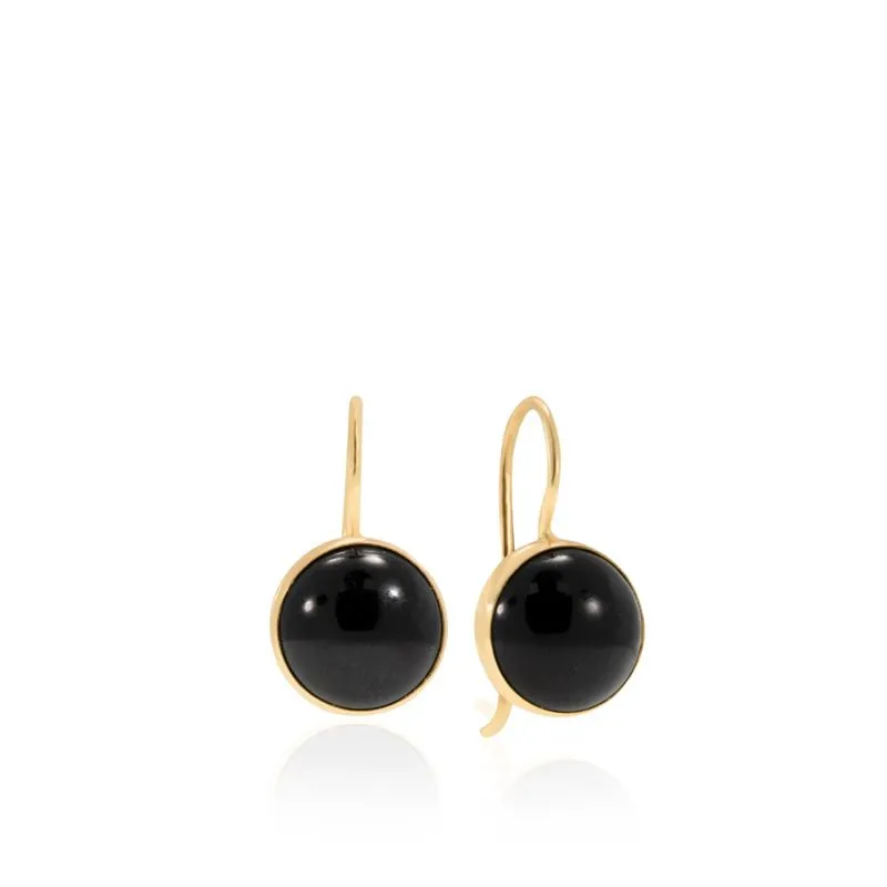 14K Yellow Gold Round Black Onyx 8mm Dangle Earrings