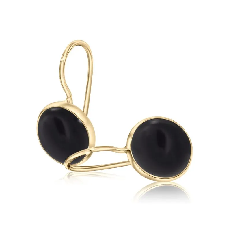 14K Yellow Gold Round Black Onyx 8mm Dangle Earrings