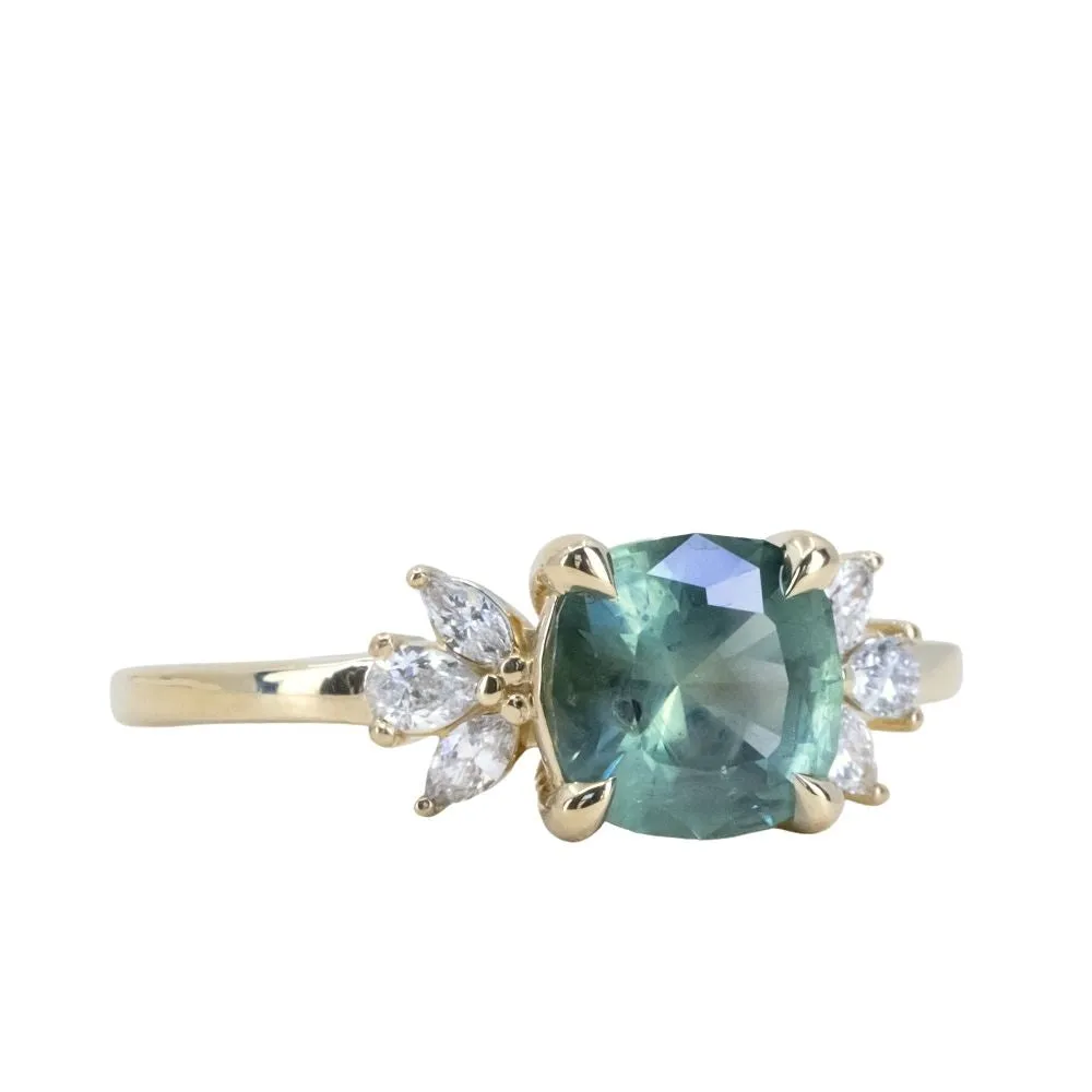 1.65ct Silky, Untreated Cushion Cut Montana Sapphire and Lab Grown Marquise Diamond Cluster Ring in 14k Yellow Gold