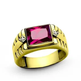 18K Gold ring for Men with Red Ruby and 2 Real Diamond Accents