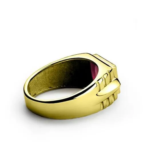 18K Gold ring for Men with Red Ruby and 2 Real Diamond Accents