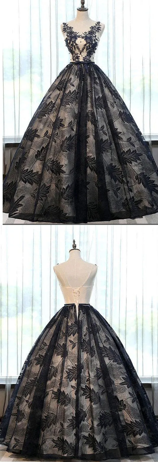 2020 formal A-line black lace long prom dresses, PD7861