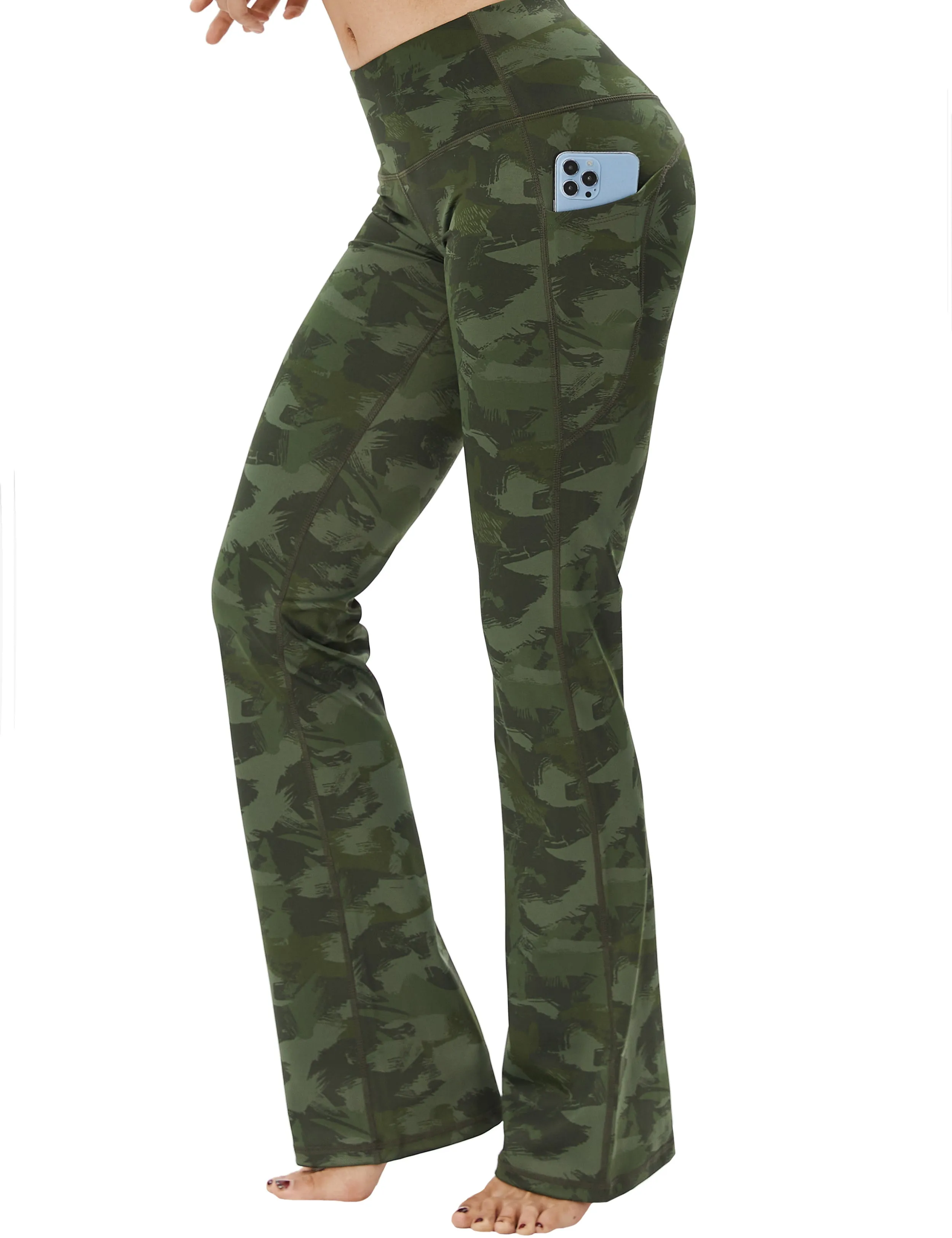 29" 31" 33" 35" 37"  Side Pockets Printed Bootcut Leggings green brushcamo