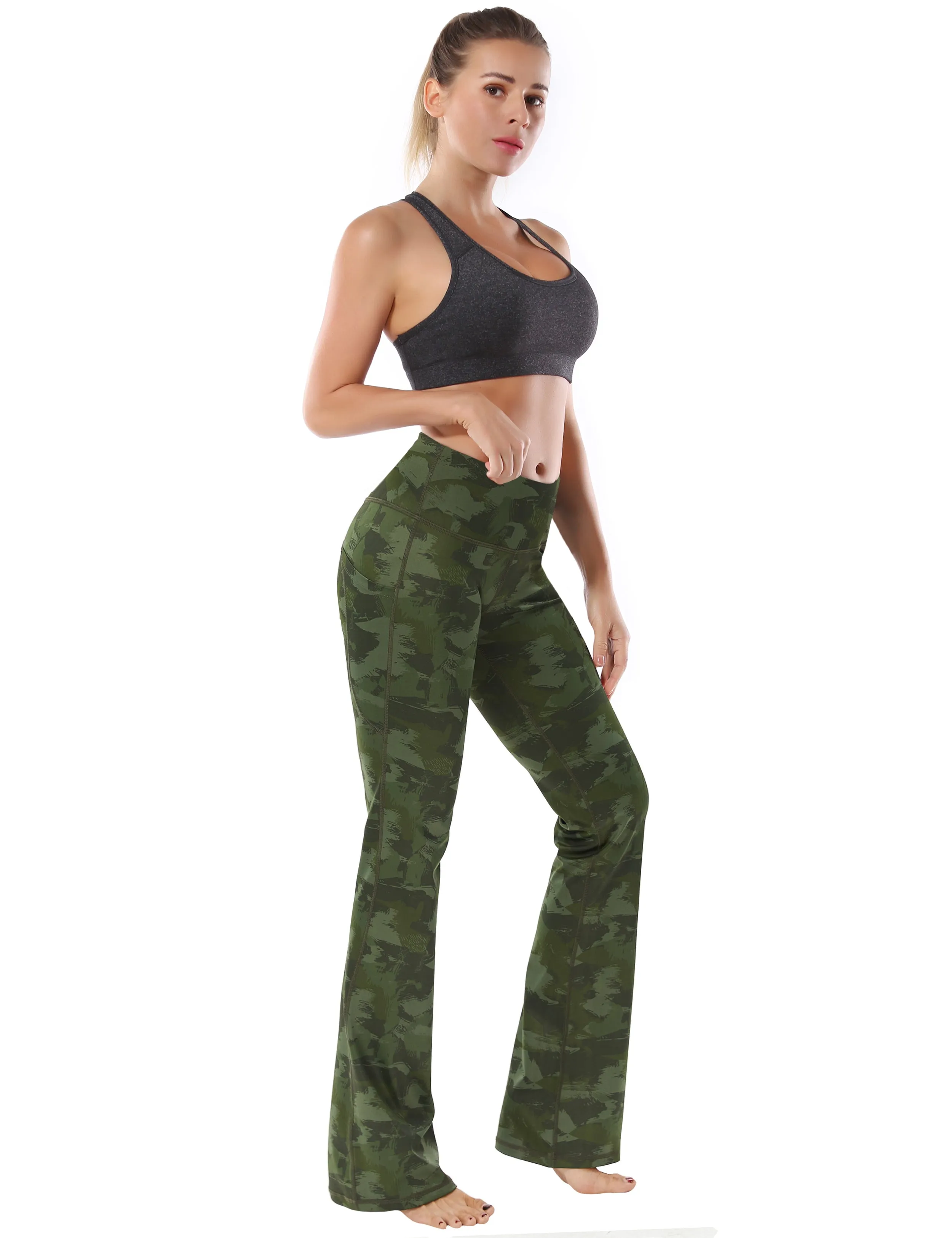 29" 31" 33" 35" 37"  Side Pockets Printed Bootcut Leggings green brushcamo