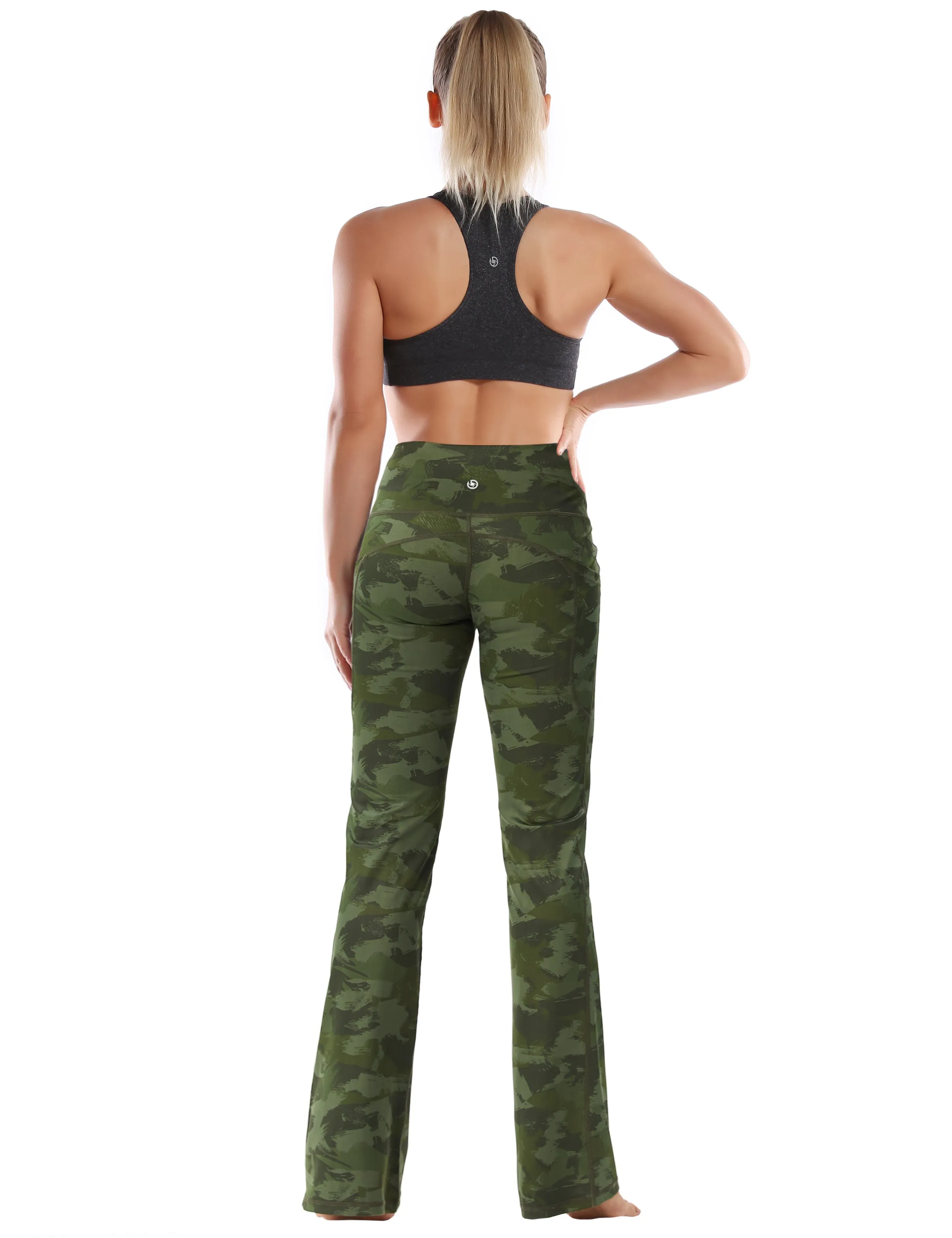 29" 31" 33" 35" 37"  Side Pockets Printed Bootcut Leggings green brushcamo