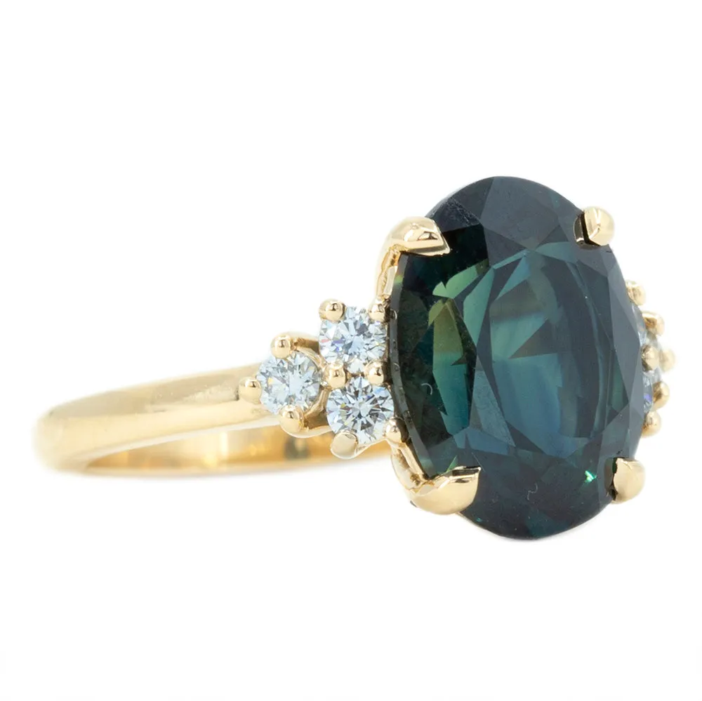 5.15ct Oval Deep Teal Sapphire and Diamond Cluster Ring in 14k Yellow Gold