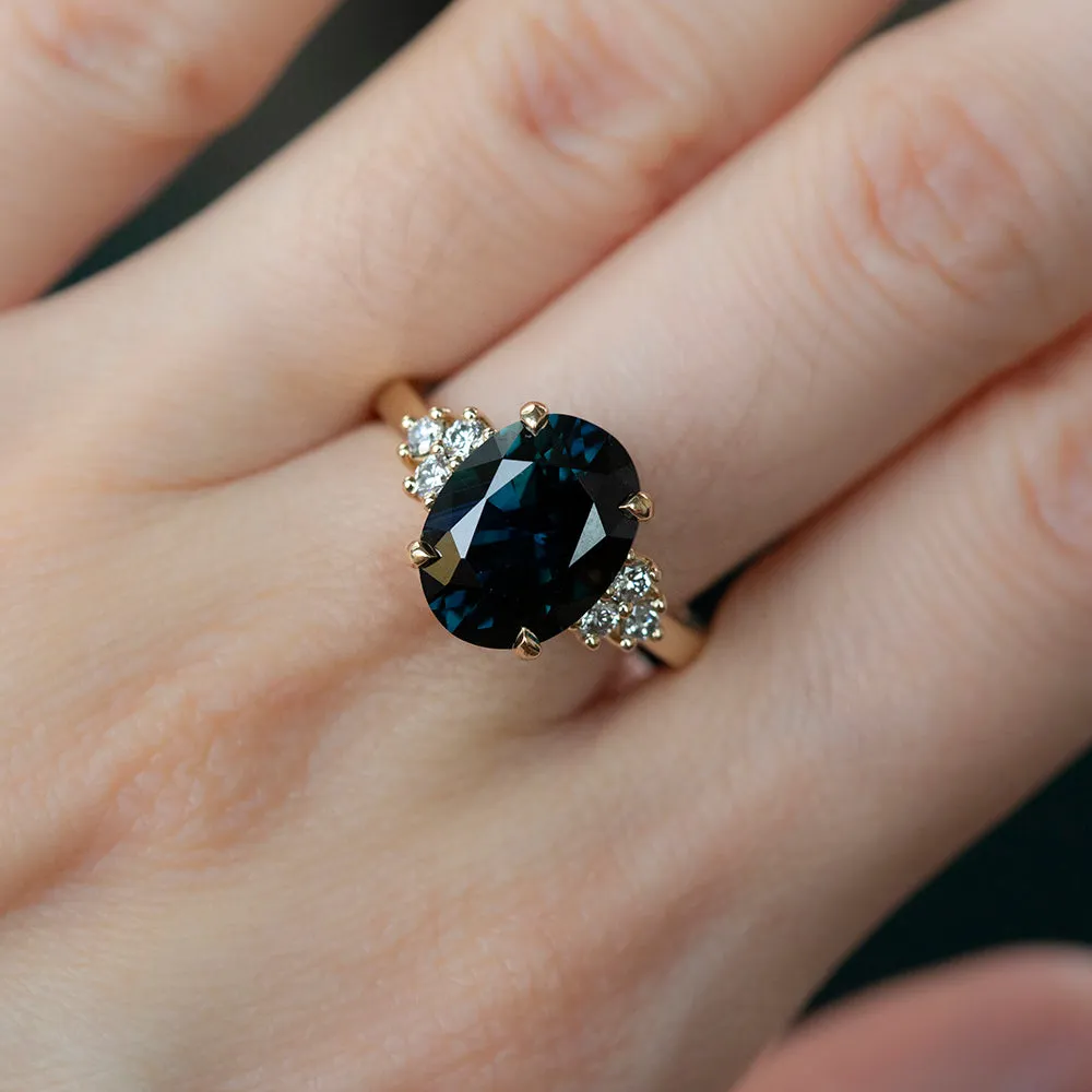 5.15ct Oval Deep Teal Sapphire and Diamond Cluster Ring in 14k Yellow Gold