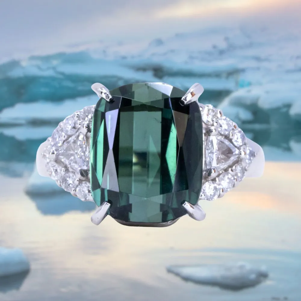 6.16ct Scissor Cushion Tourmaline and Diamond Cluster Side Stones Ring in Platinum