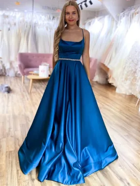 A Line Backless Blue Satin Long Prom Dresses with Belt, Backless Blue Formal Graduation Evening Dresses SP2095