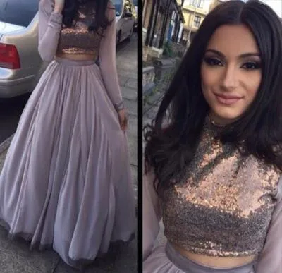 A-line prom dress, long prom dress, two pieces prom dress, long sleeves prom dress, high neck prom dress, BD536