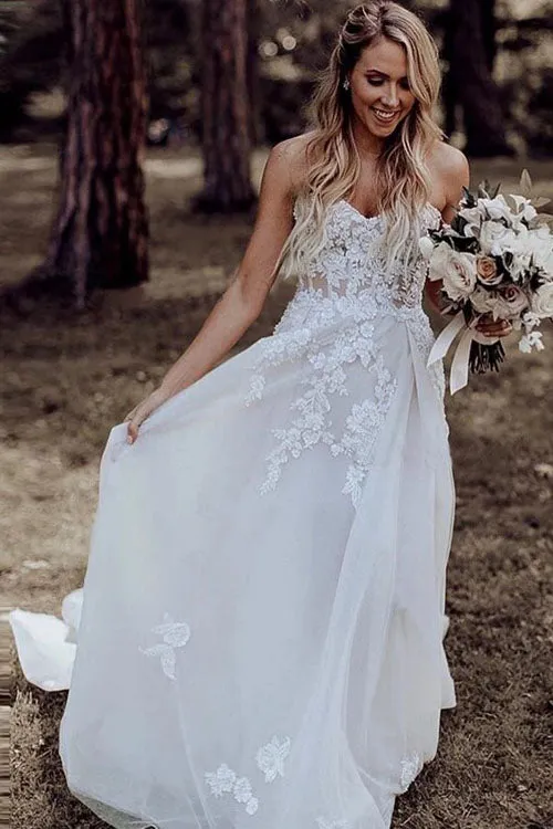 A-line Wedding Dress with Sweetheart Sweep Train, Appliques, and Beading, WD23022319