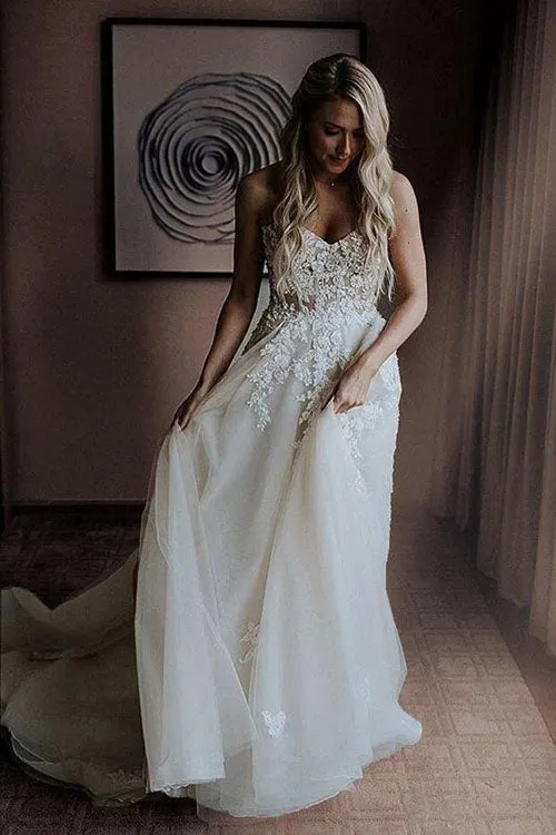 A-line Wedding Dress with Sweetheart Sweep Train, Appliques, and Beading, WD23022319