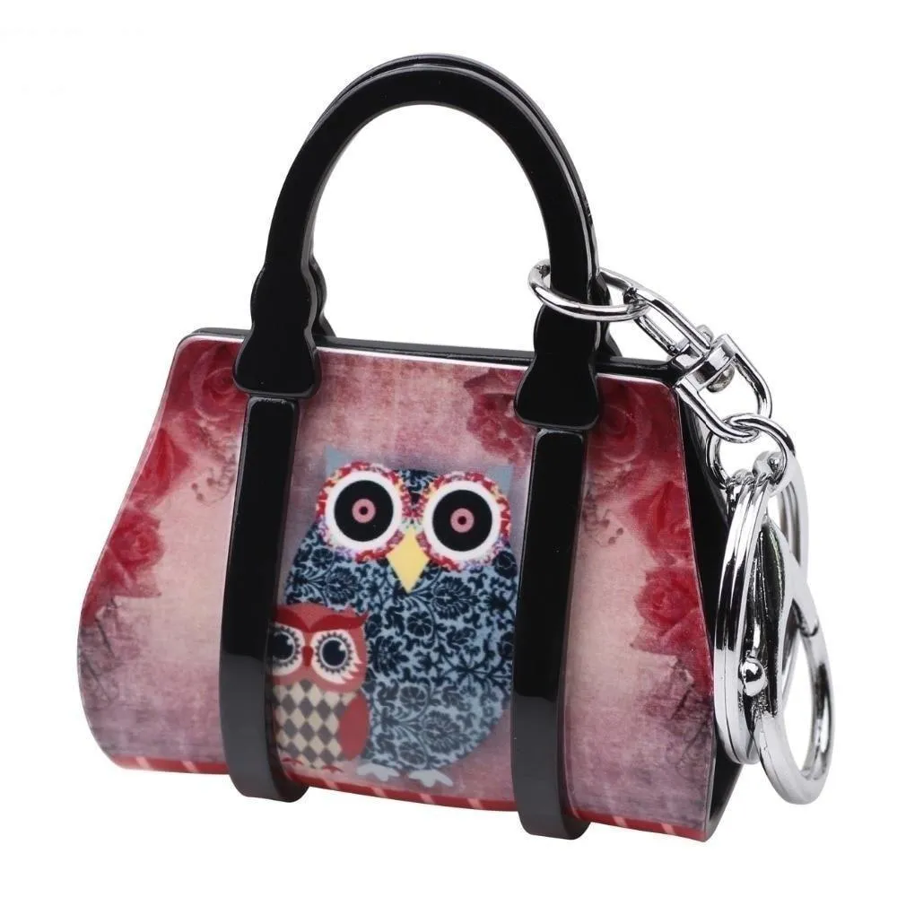 Acrylic Handbag Shape Owl Bird Pattern Key Chain Jewelry for Women