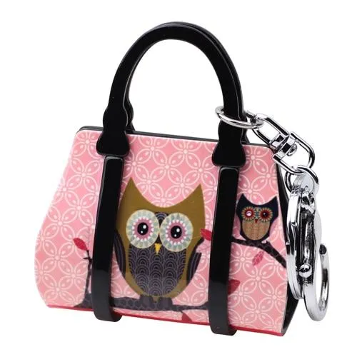 Acrylic Handbag Shape Owl Bird Pattern Key Chain Jewelry for Women