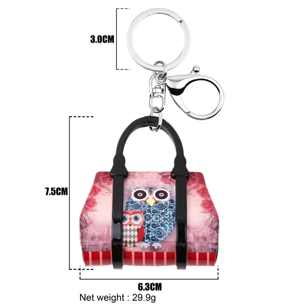 Acrylic Handbag Shape Owl Bird Pattern Key Chain Jewelry for Women