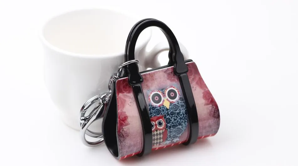 Acrylic Handbag Shape Owl Bird Pattern Key Chain Jewelry for Women