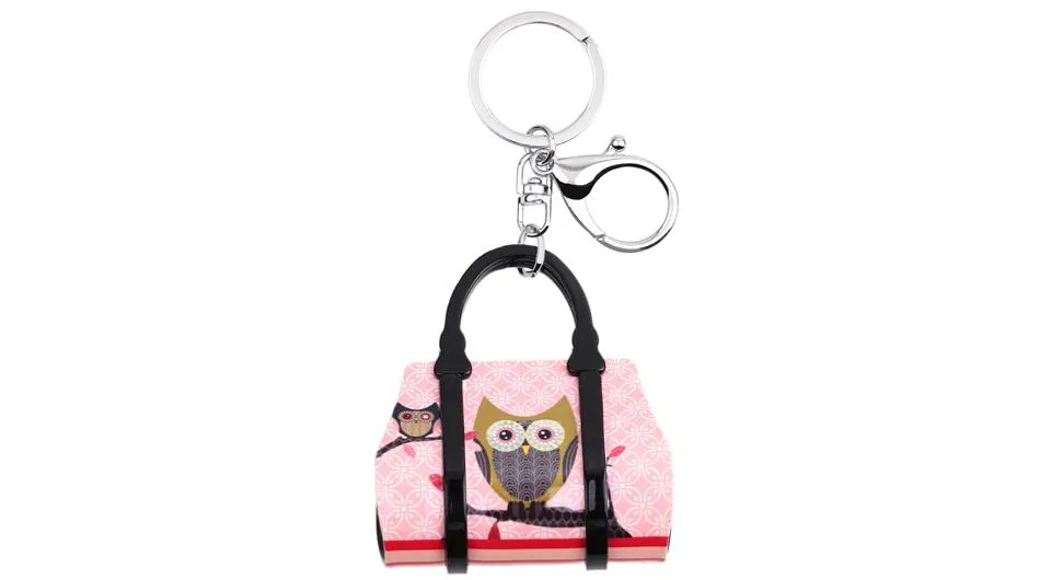 Acrylic Handbag Shape Owl Bird Pattern Key Chain Jewelry for Women