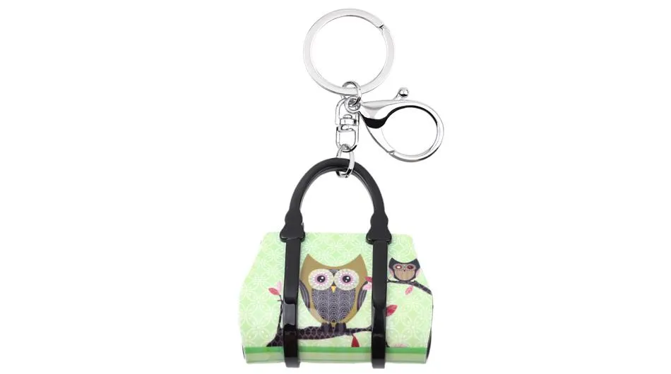 Acrylic Handbag Shape Owl Bird Pattern Key Chain Jewelry for Women