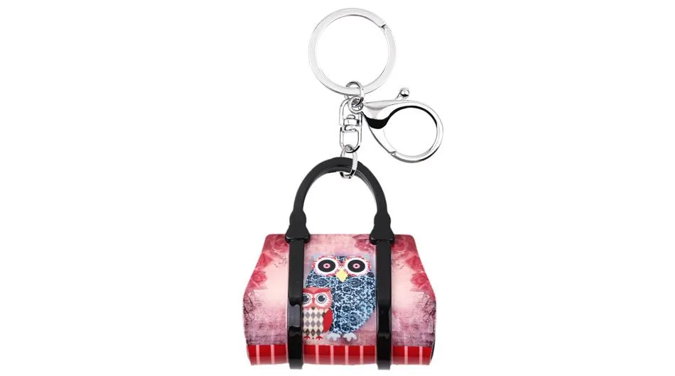 Acrylic Handbag Shape Owl Bird Pattern Key Chain Jewelry for Women