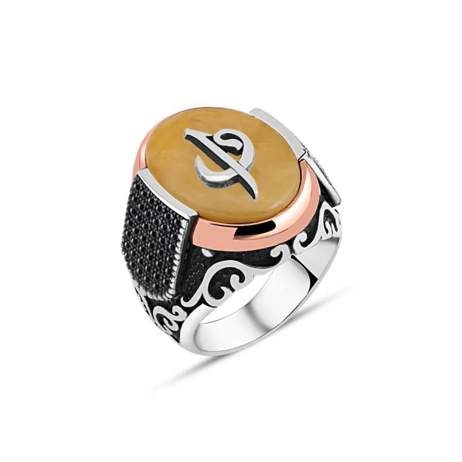 Alif-Vav Letters on Yellow Ellipse Synthetic Amber Stone Silver Men's Ring Siding Zircons in Epaulet Shape