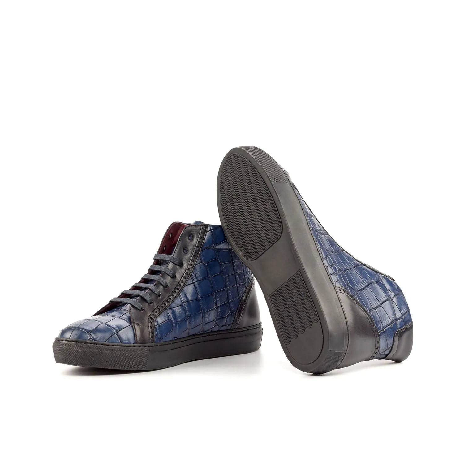 Ambrogio Bespoke Custom Men's Shoes Black & Navy Crocodile Print / Calf-Skin Leather High-Top Sneakers (AMB1961)