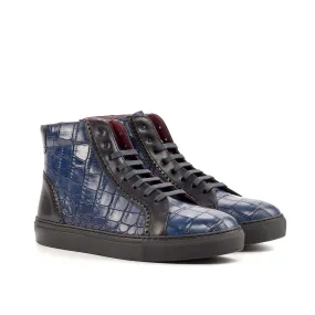 Ambrogio Bespoke Custom Men's Shoes Black & Navy Crocodile Print / Calf-Skin Leather High-Top Sneakers (AMB1961)