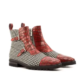 Ambrogio Bespoke Custom Men's Shoes Black, White & Red Fabric / Crocodile Print / Calf-Skin Leather Buckle Boots (AMB1968)