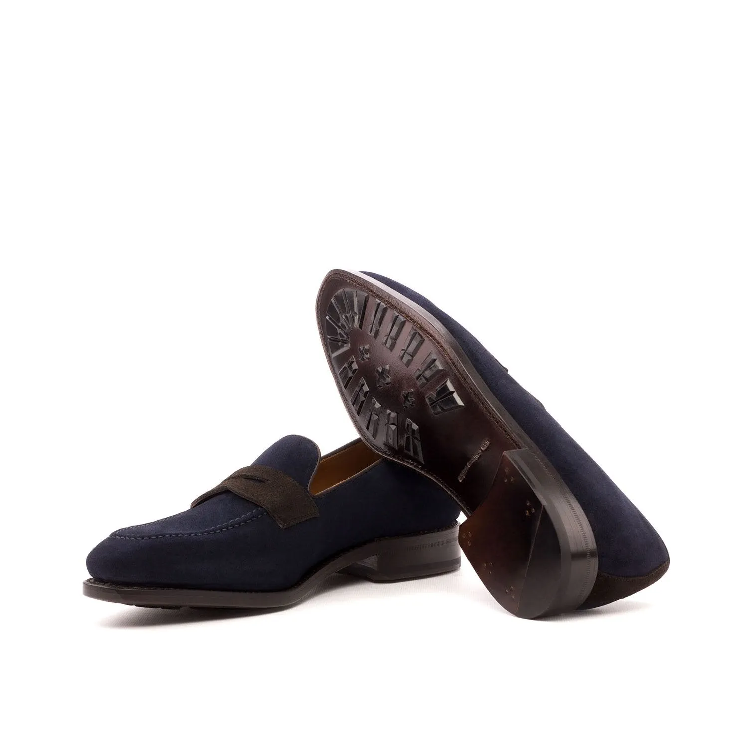 Ambrogio Bespoke Custom Men's Shoes Dark Brown & Navy Suede / Calf-Skin Leather Penny Loafers (AMB2115)