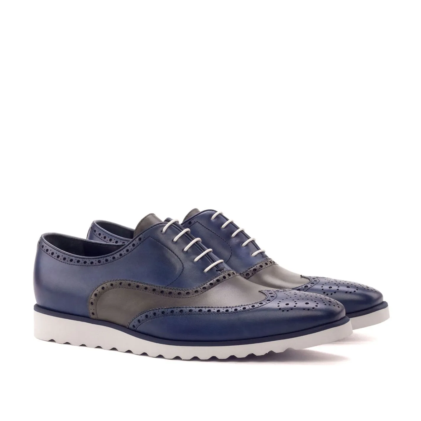 Ambrogio Bespoke Custom Men's Shoes Gray & Navy Calf-Skin Leather Full Brogue Oxfords (AMB2116)