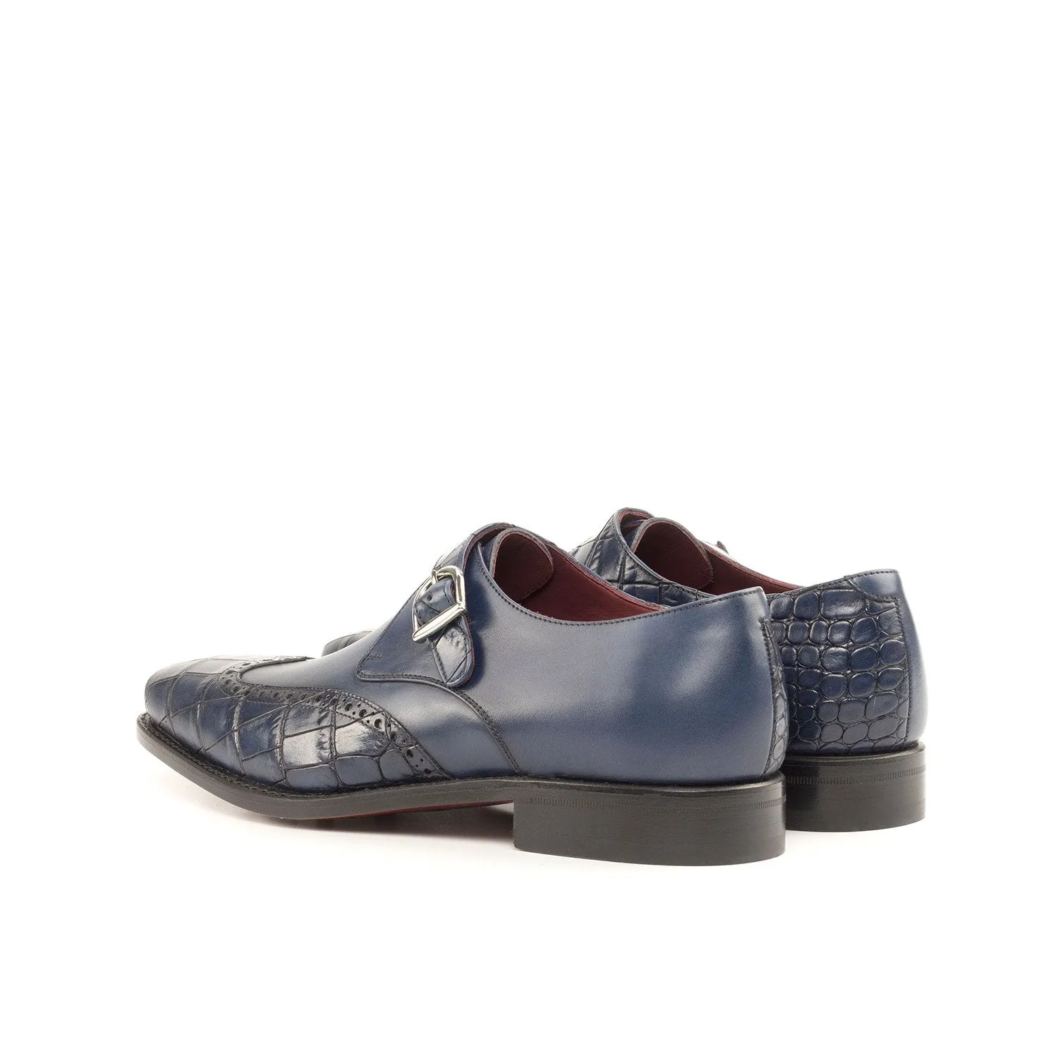 Ambrogio Bespoke Custom Men's Shoes Navy Crocodile Print & Calf-Skin Leather Monk-Strap Loafers (AMB2193)