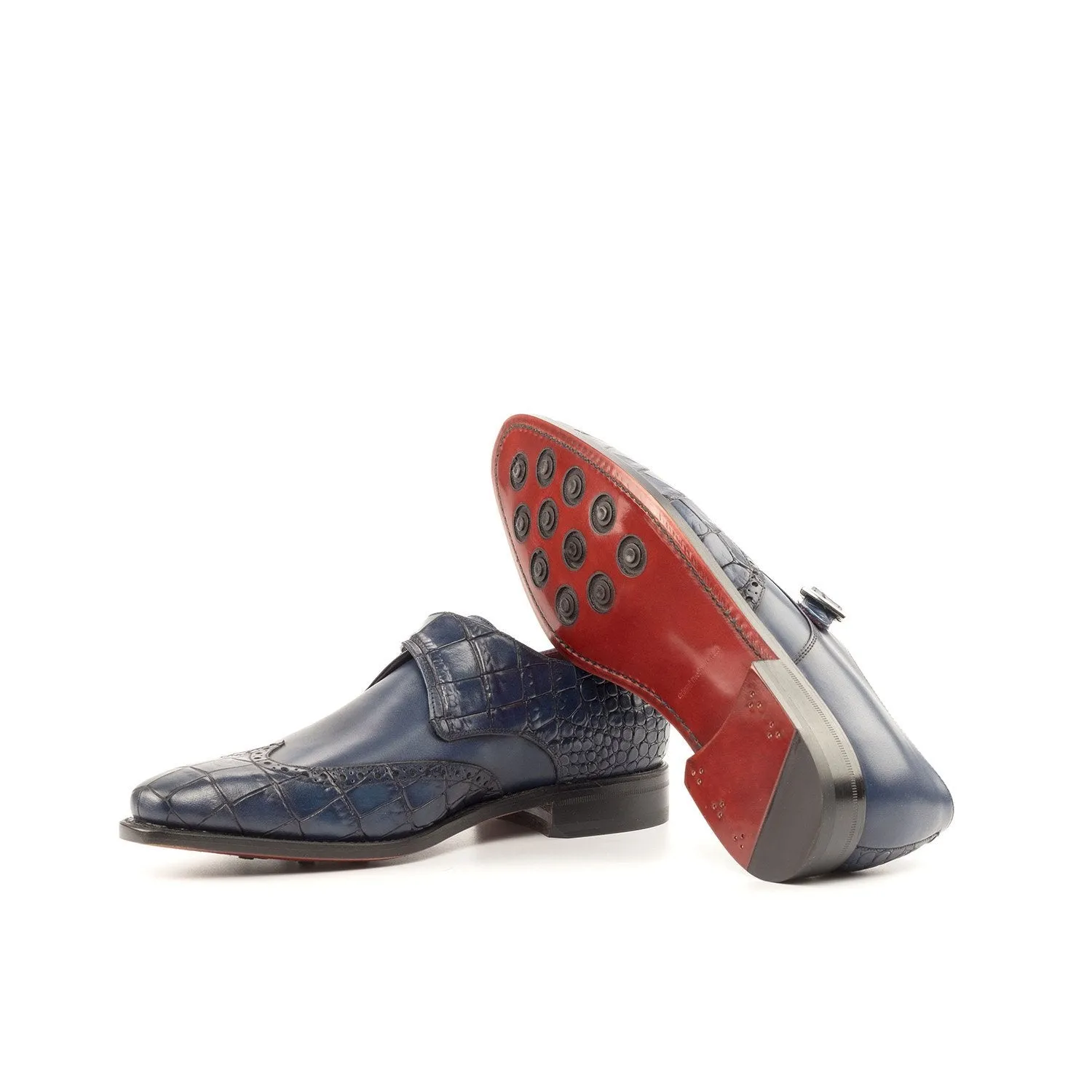 Ambrogio Bespoke Custom Men's Shoes Navy Crocodile Print & Calf-Skin Leather Monk-Strap Loafers (AMB2193)