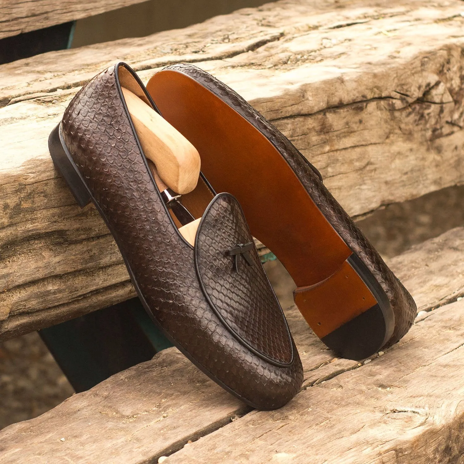 Ambrogio Bespoke Men's Handmade Custom Made Shoes Brown Exotic Snake-Skin Belgian Slip-On Loafers (AMB1252)