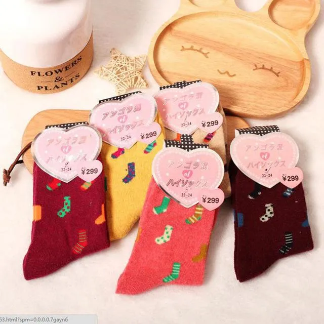 Autumn Winter Warm Thick Rabbit Wool Women's Patchworked Long Socks