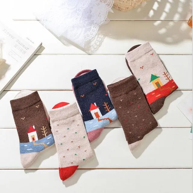 Autumn Winter Warm Thick Rabbit Wool Women's Patchworked Long Socks