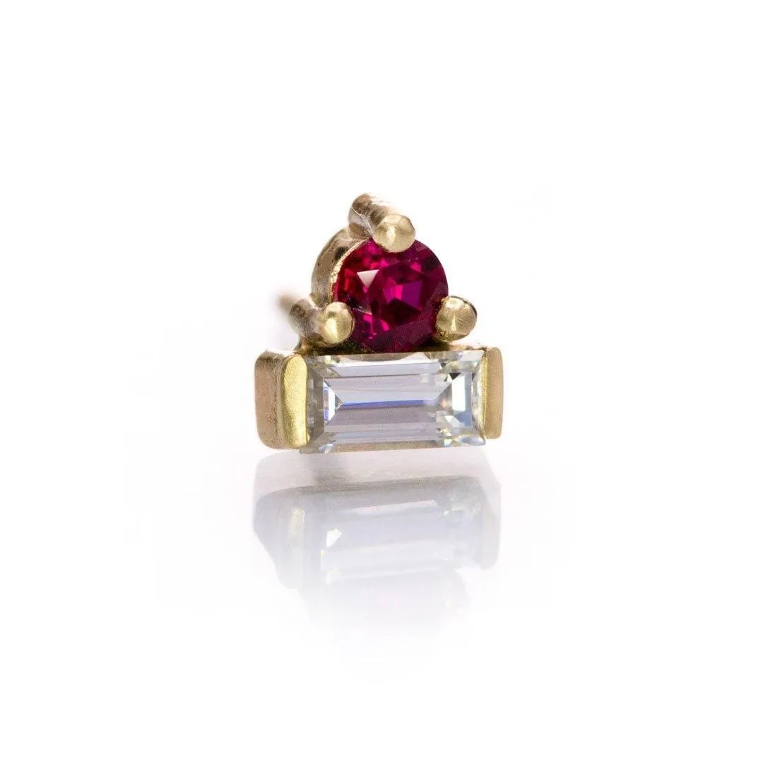 Baguette Moissanite and Chatham Ruby Cluster 14k Yellow Gold Stud Earring (Single), Ready to Ship