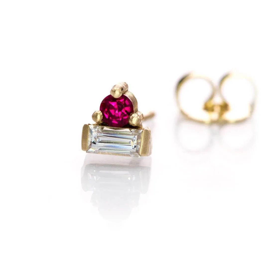 Baguette Moissanite and Chatham Ruby Cluster 14k Yellow Gold Stud Earring (Single), Ready to Ship