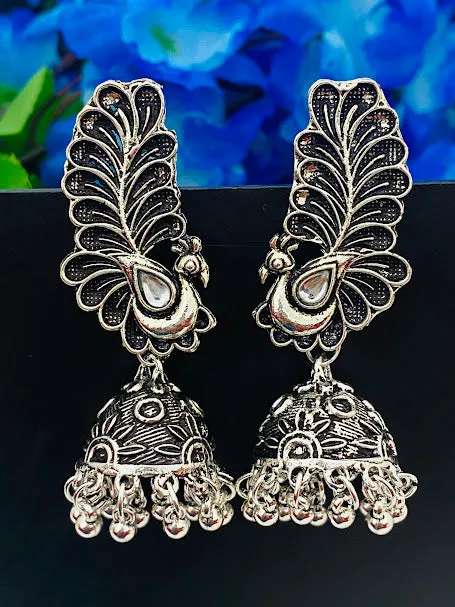 Beautiful Peacock Model Designer Silver Oxidized Earrings For Women