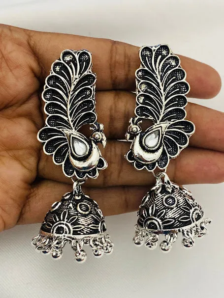 Beautiful Peacock Model Designer Silver Oxidized Earrings For Women