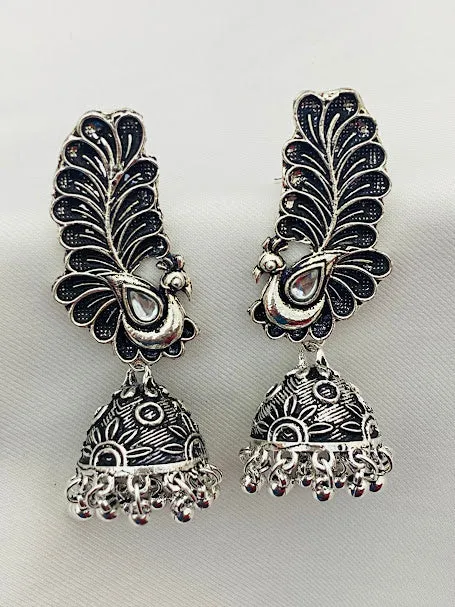 Beautiful Peacock Model Designer Silver Oxidized Earrings For Women