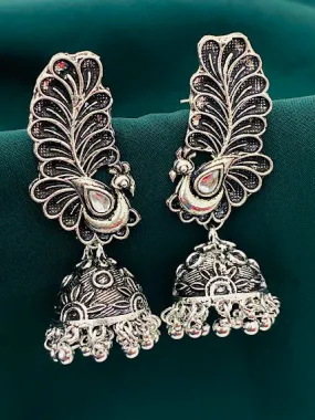 Beautiful Peacock Model Designer Silver Oxidized Earrings For Women