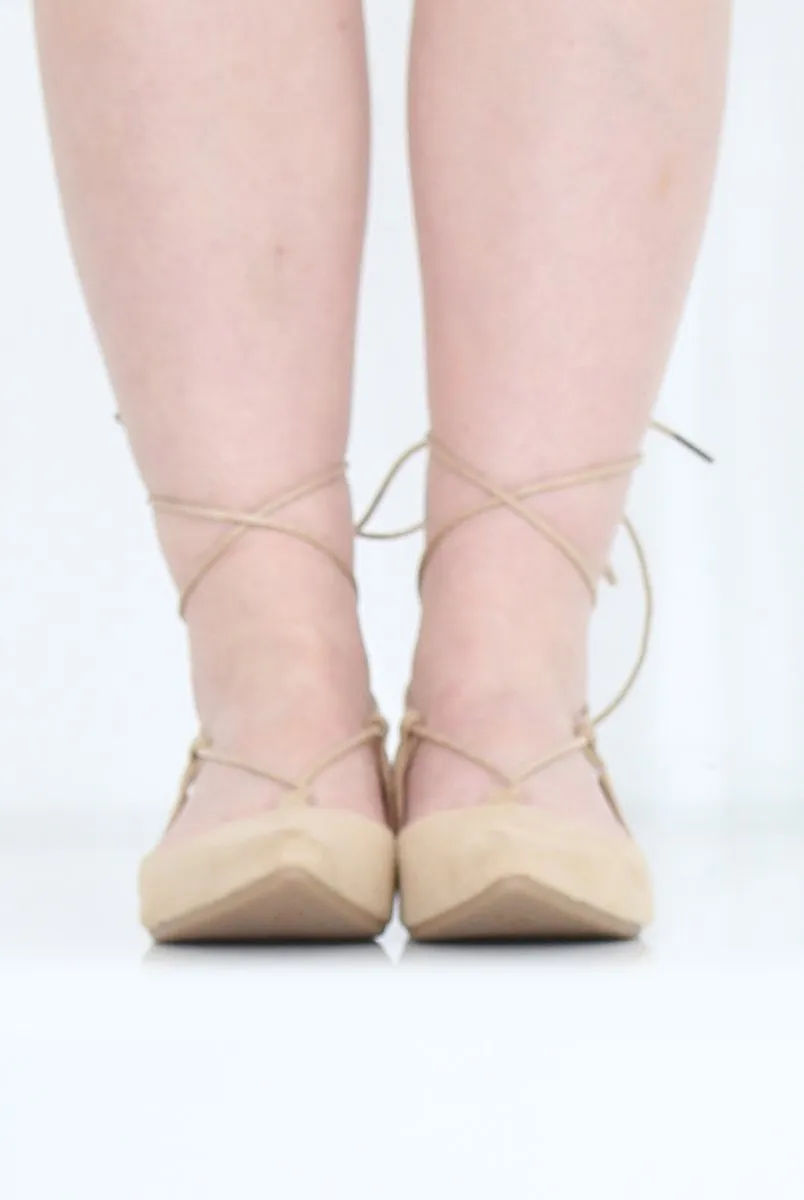 Beige Suede Lace Up Flats - Nina