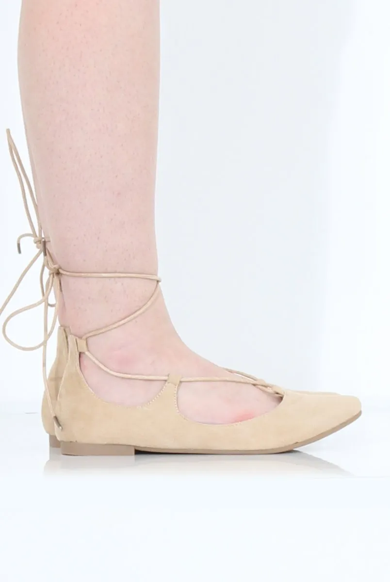 Beige Suede Lace Up Flats - Nina