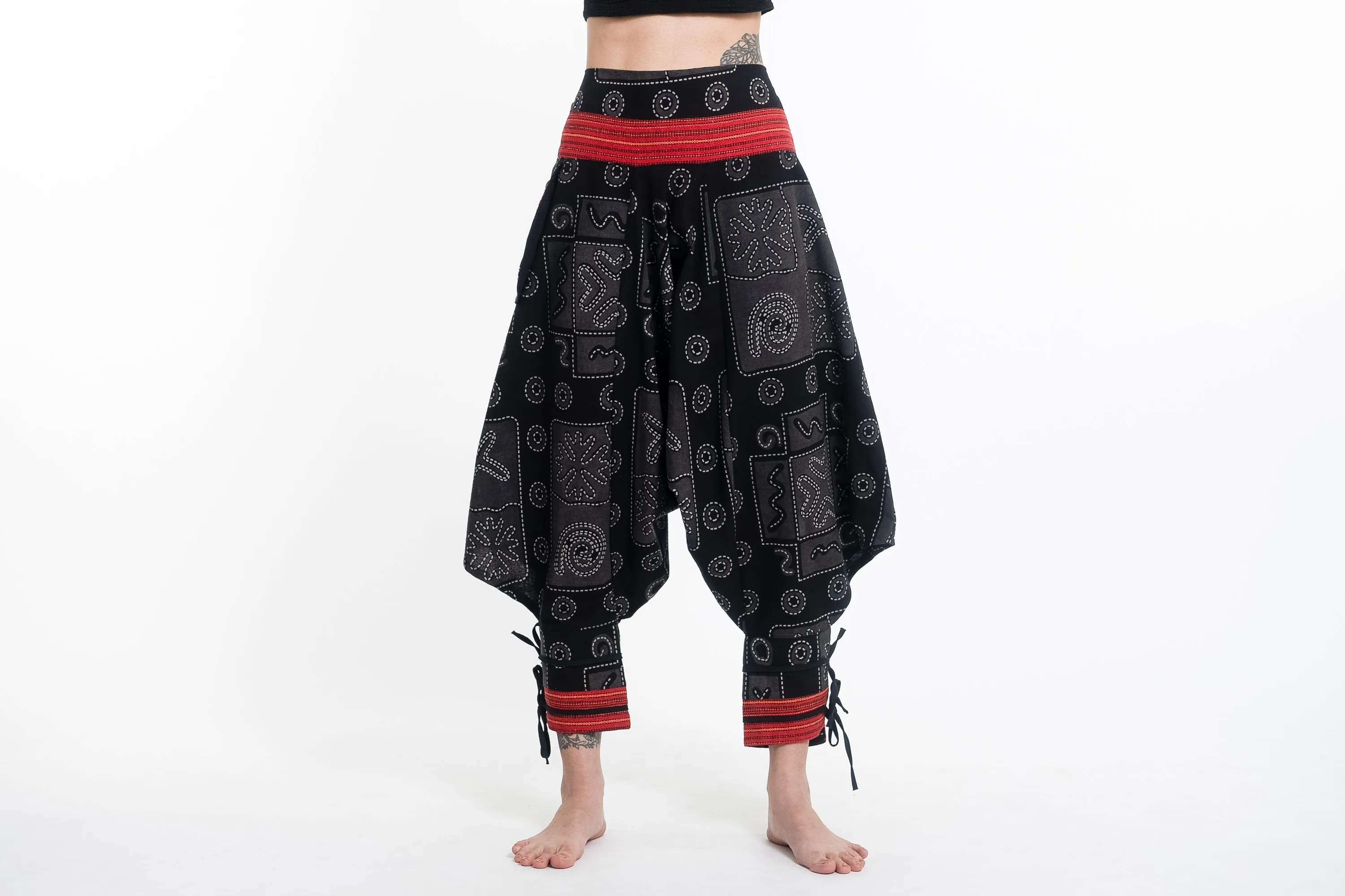 Black and Gray Thai Hill Tribe Fabric Women's Harem Pants with Ankle Straps